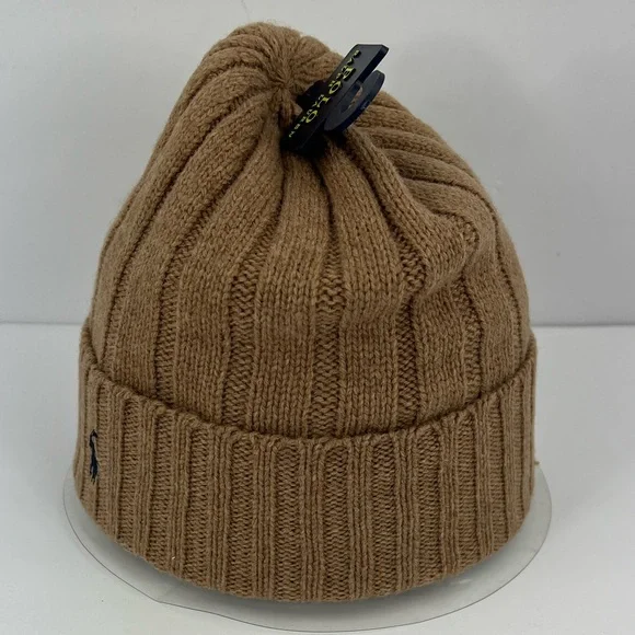 POLO RALPH LAUREN, LIGHT BROWN BEANIE, ONE SIZE FITS, 50% WOOL 50% NYLON, UNISEX - Picture 3 of 17